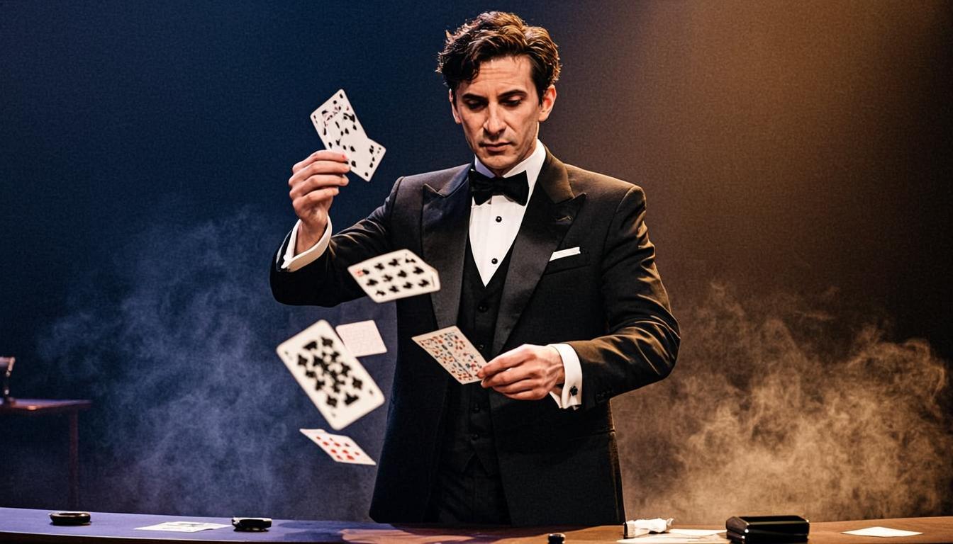 A magician in a dark cloak producing a swirling storm of playing cards