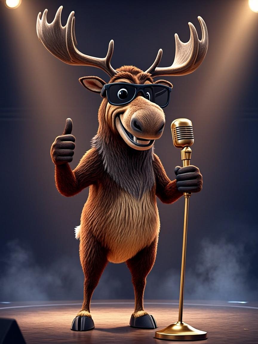 Moosie the Moose, host of Canada's Got Latent, wearing sunglasses and holding a microphone under the Canadian flag